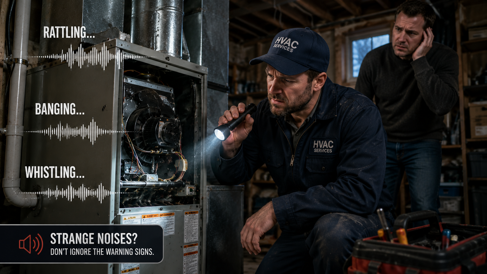 HVAC technician inspecting furnace  after homeowner reported unusual  banging and rattling noises