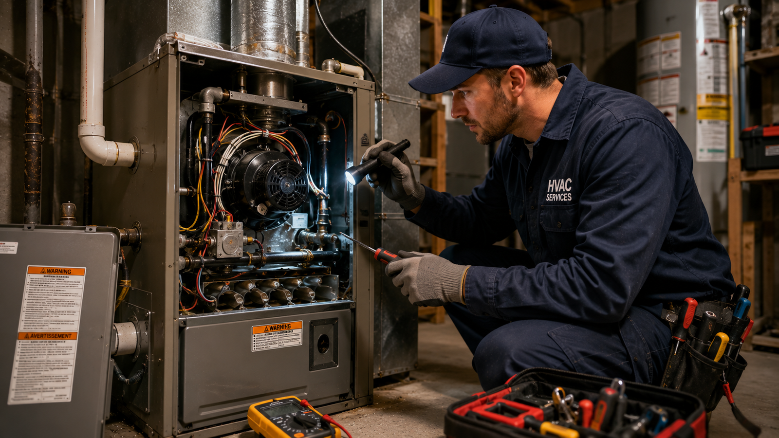 Certified furnace technician assessing  aging furnace that requires frequent repairs evaluating repair vs replacement