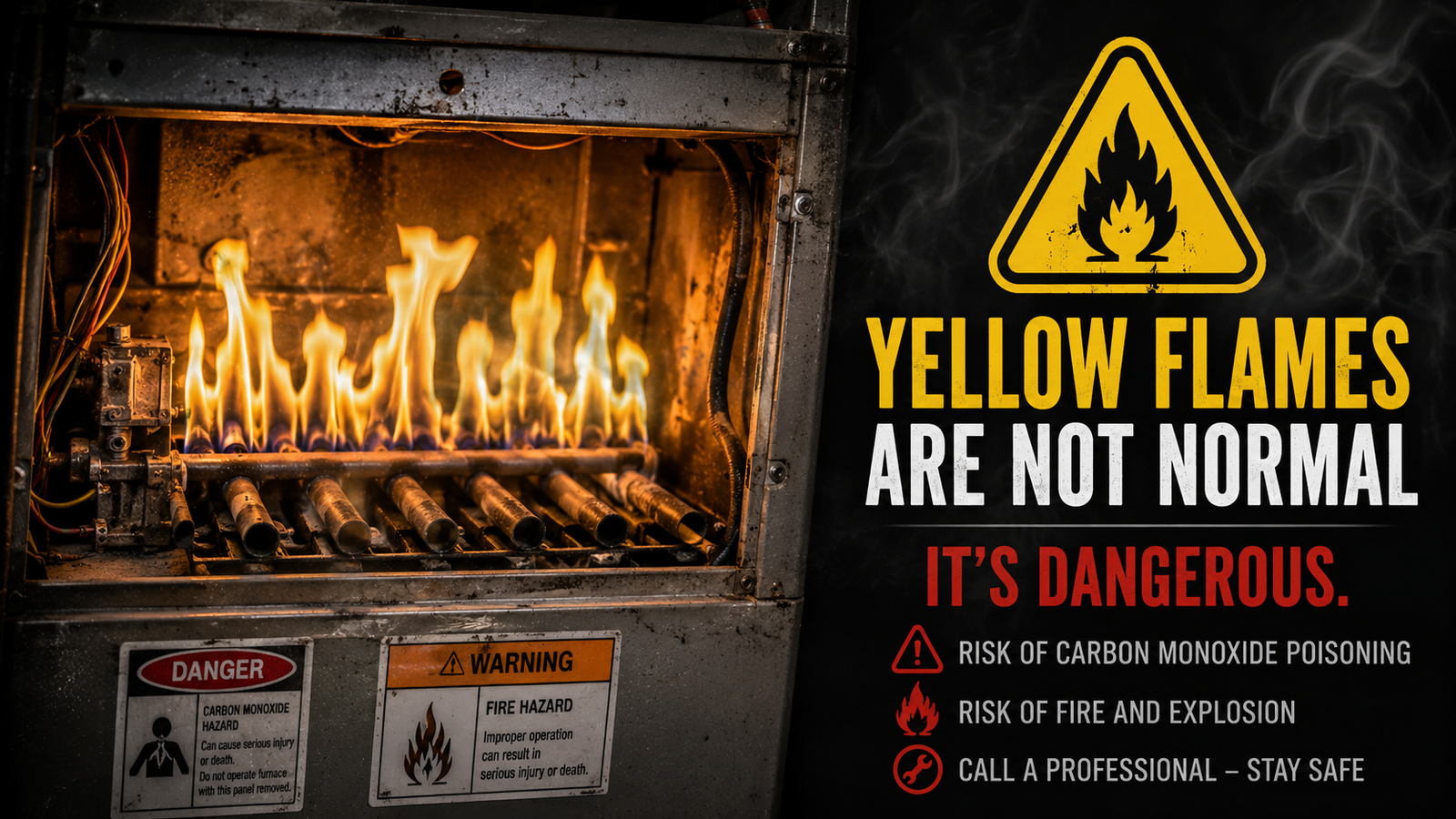 Yellow flickering furnace flame  indicating incomplete combustion  and potential carbon monoxide risk