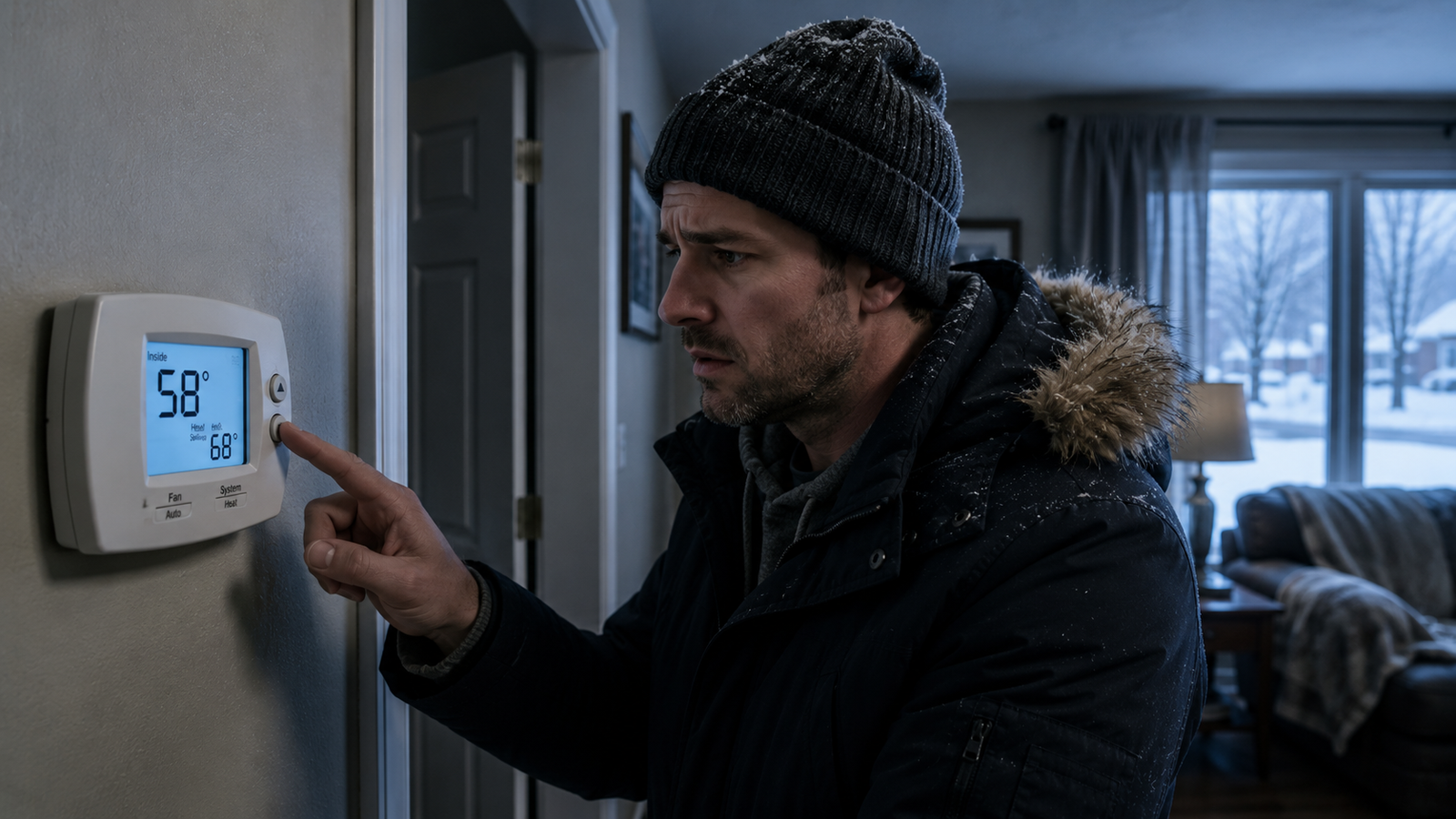 Homeowner checking thermostat after  noticing warning signs furnace going out
